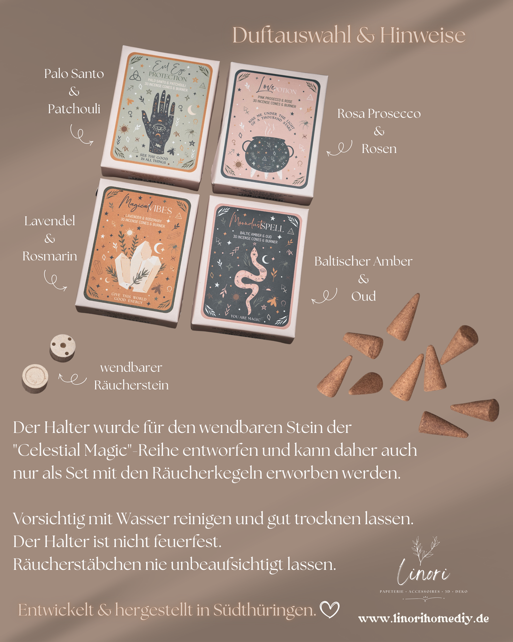 Räucherwerkhalter Set Leo | 10 cm - hellbraun schwarz mit Bergkristallen und Räucherkegeln | für Kegel & Stäbchen