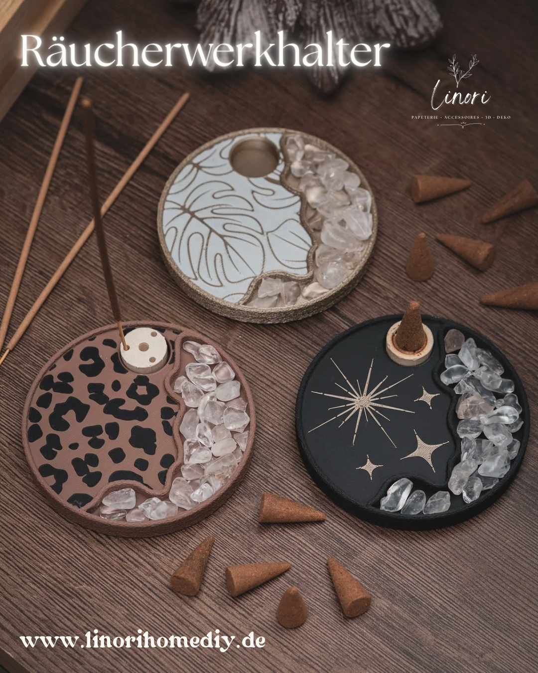 Räucherwerkhalter Set Leo | 10 cm - hellbraun schwarz mit Bergkristallen und Räucherkegeln | für Kegel & Stäbchen