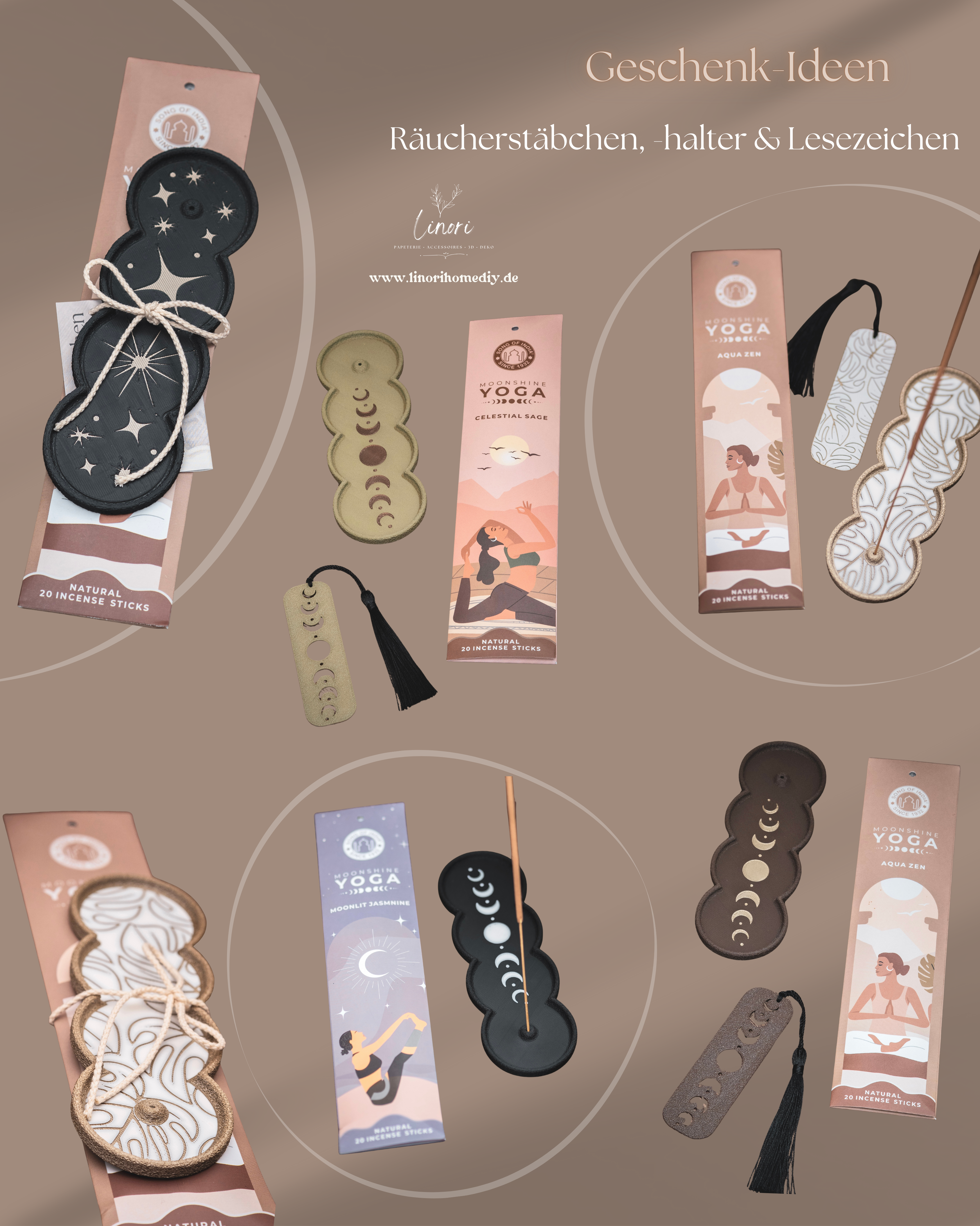 Räucherstäbchen Halter Mondphasen | 16 cm - verschiedene Farben | + 1 Gratis Räucherstäbchen