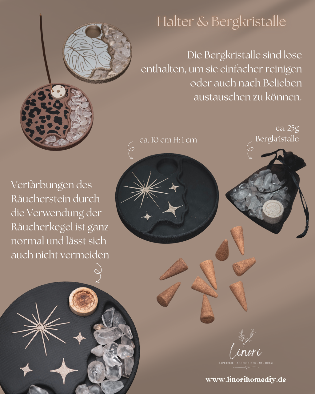 Räucherwerkhalter Set Leo | 10 cm - hellbraun schwarz mit Bergkristallen und Räucherkegeln | für Kegel & Stäbchen