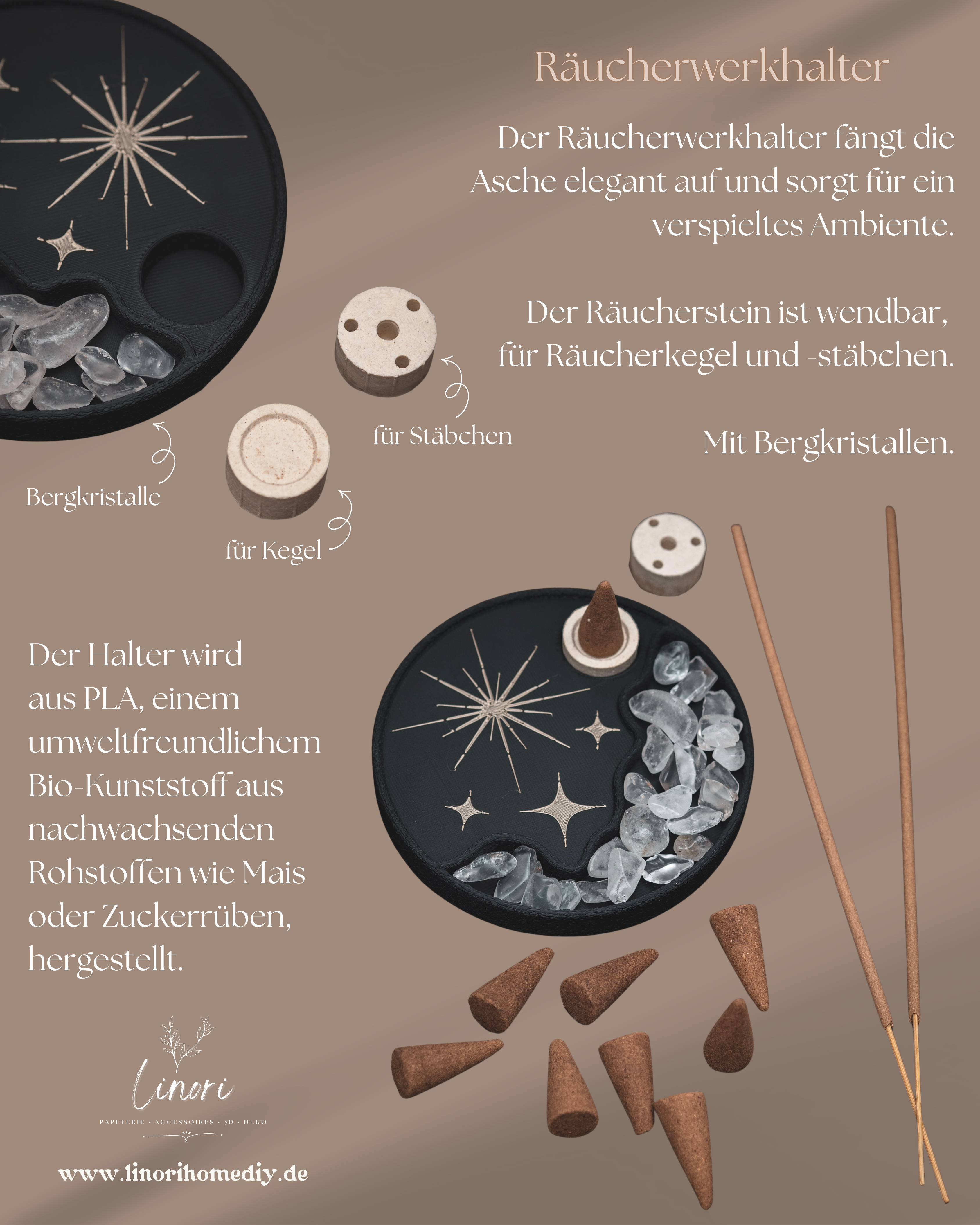 Räucherwerkhalter Set Leo | 10 cm - hellbraun schwarz mit Bergkristallen und Räucherkegeln | für Kegel & Stäbchen